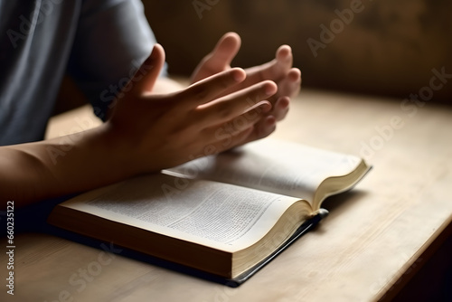 Hands together in praying to God along with the holy bible book