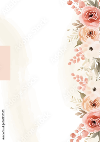 Fototapeta Naklejka Na Ścianę i Meble -  Pink peach and white watercolor hand painted background template for Invitation with flora and flower