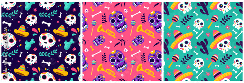 Set of Dia de Muertos Seamless Pattern Illustration with Day of the Dead and Skeleton Element in Mexican Design