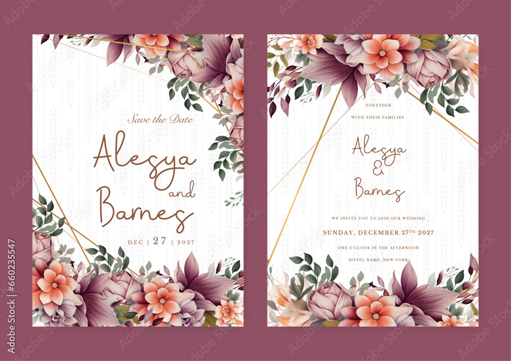 Fototapeta premium Orange and brown peony set of wedding invitation template with shapes and flower floral border