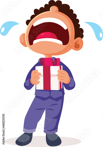 Child Holding a present Crying and Misbehaving Vector Character illustration. Boy sharing fake tears during temper tantrum for not getting what he wants
