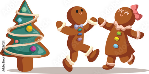 Christmas Gingerbread Man and Woman Dancing Vector Illustration Characters. Funny couple of traditional biscuit cooking enjoying Xmas carols 

