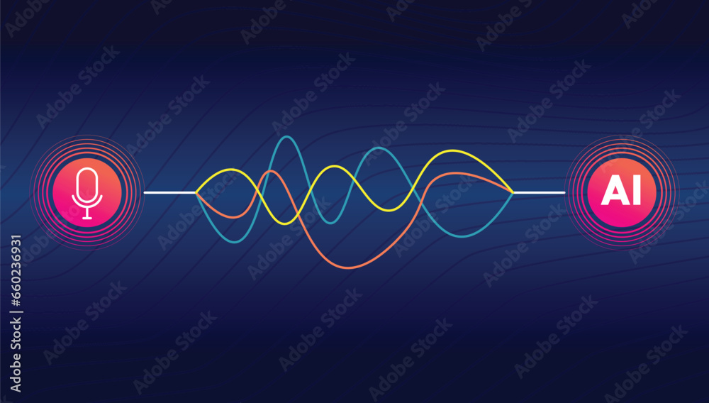 Voice Recognition AI personal assistant modern technology visual concept vector illustration. microphone icon button with colorful sound wave audio spectrum line on dark grid background - obrazy, fototapety, plakaty 