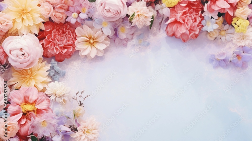 space for text on soft pastel background surrounded by colorful flowers, background image, AI generated