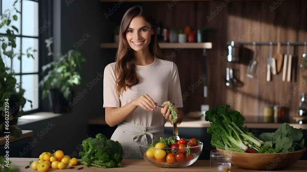 Happy woman preparing healthy food and enjoying cozy morning in kitchen, young woman making salad in the kitchen, healthy food and lifestyle concept.
