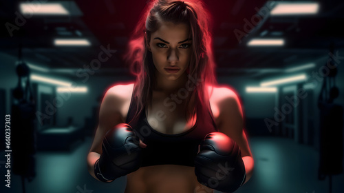 Beautiful young female boxer with boxing gloves standing on ring at gym, pretty woman trains in boxing rings © AspctStyle