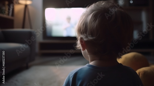 Back view of child watching television in living room at home