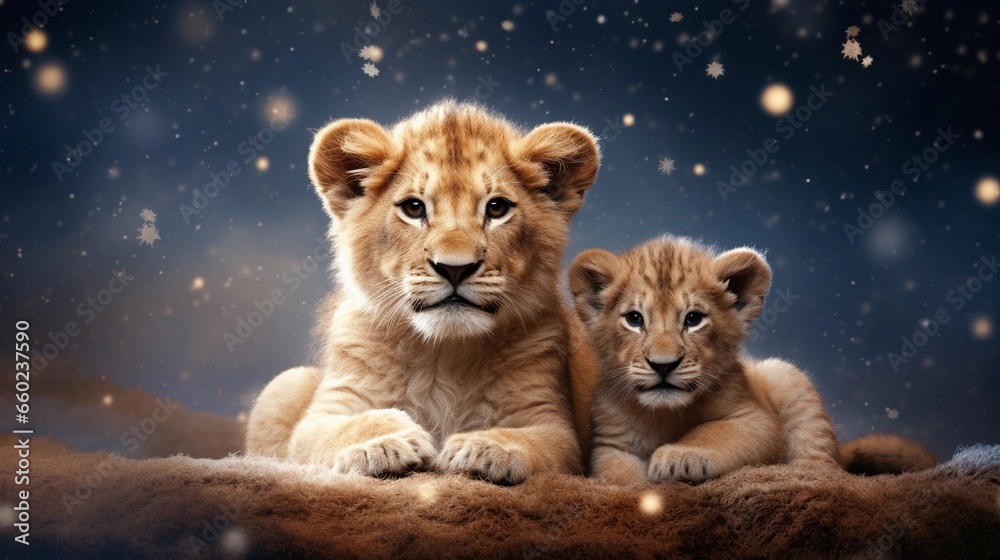 space for text on textured background surrounded by cute lion cubs, background image, AI generated
