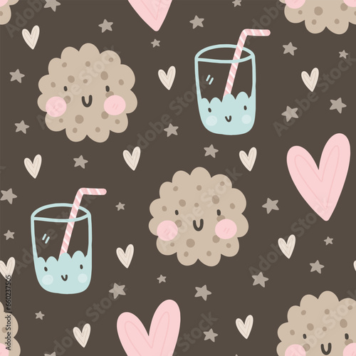 milk and cookie cartoon cute hand drawn seamless pattern for kids textile with stars background