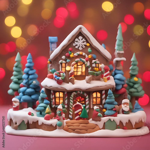 Christmas gingerbread house on bokeh background. Festive decoration.