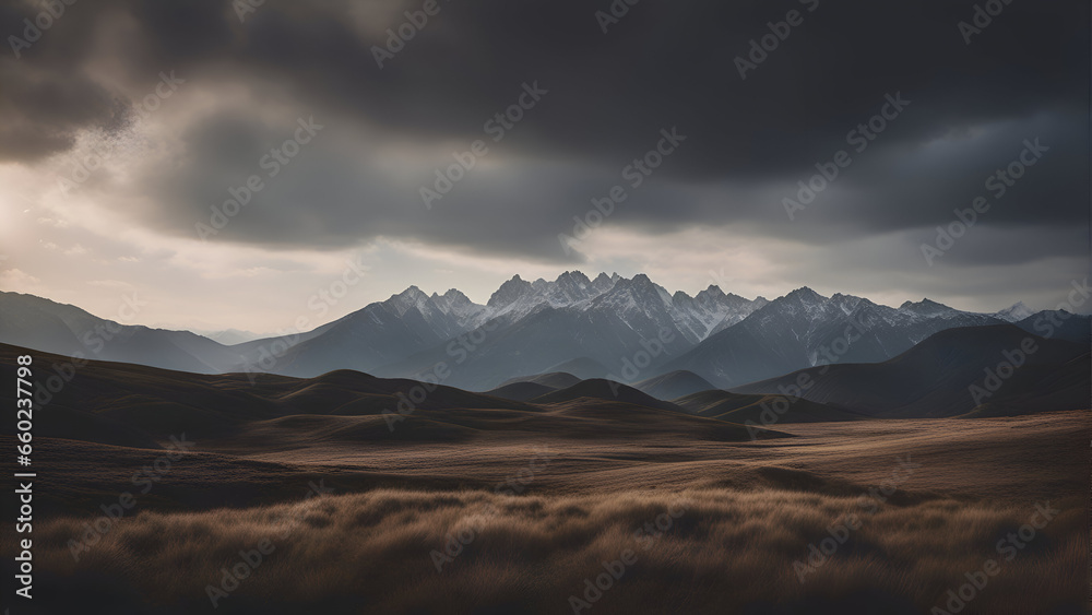 Panorama of mountain range in the clouds. 3d render.