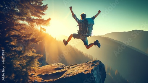 Happy man with arms up jumping on the top of the mountain - Successful hiker celebrating success on the cliff - Life style concept with young male climbing in the forest pathway