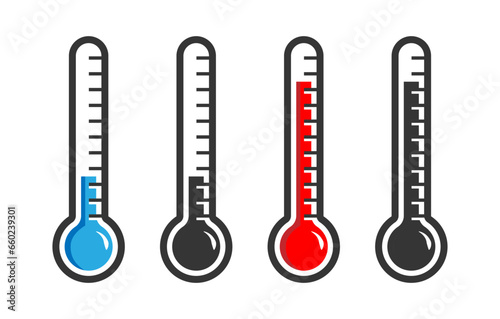 Thermometer icon vector design illustration in blue and red color. Cold and warm thermometer icon vector silhouette isolated