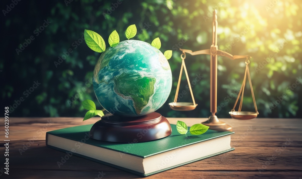 International Law and Environment Law.Green World and gavel on a book with scales of justice. law for global economic regulation aligned with the principles of sustainable environmental conservation - obrazy, fototapety, plakaty 