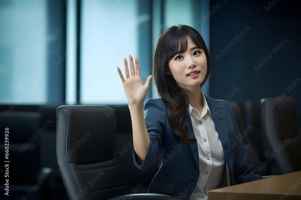 An Asian woman sitting in a chair is raising one hand in a presentation room to ask a question An Asian woman sitting in a chair is raising one hand in a presentation room to ask a question