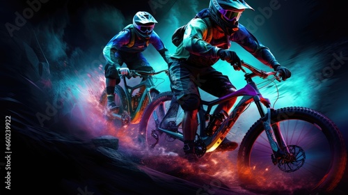 3D image of a mountain bike race complete with neon lights
