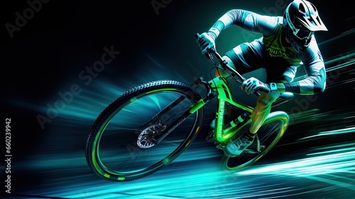 3D image of a mountain bike race complete with neon lights