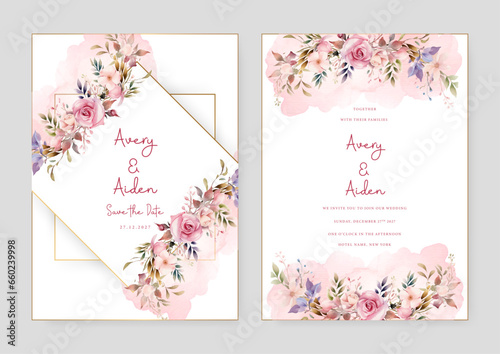 Pink rose wedding invitation card template with flower and floral watercolor texture vector