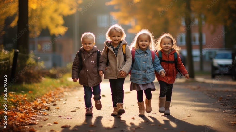 A group of little children walked together in friendship. First day of school On the first day of school opening - obrazy, fototapety, plakaty 