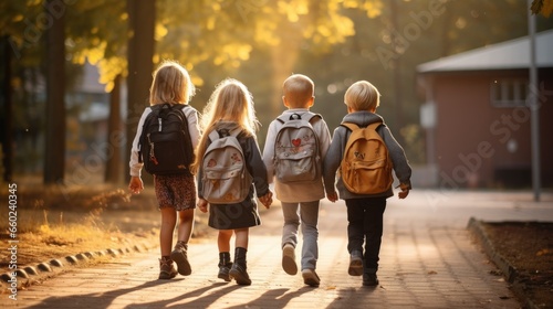 A group of little children walked together in friendship. First day of school On the first day of school opening