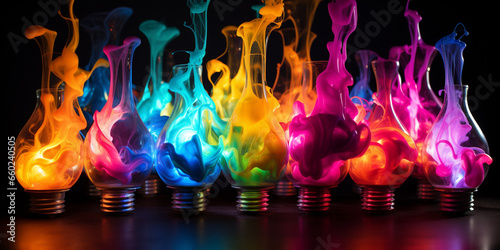 Blue and yellow light bulb explodes with colorful paint and colors