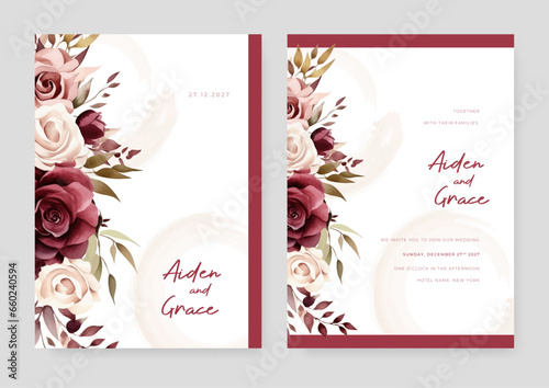 Red and beige rose floral wedding invitation card template set with flowers frame decoration