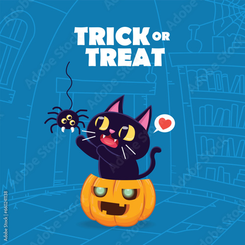 Vintage Halloween poster design with vector cat, spider and jack o lantern character. 