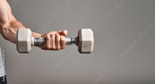 Close up of muscular man holding a dumb bell. On grey background, copy space. Fitness concept.