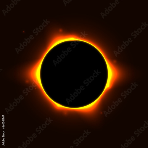 Sun full eclipse concept. Red yellow solar glow background. Moon or planet total eclipse in dark space. Hot star surface flare with rays and beams effects. Vector illustration