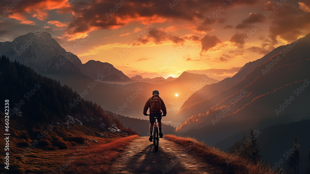 man riding bicycle on mountain path at sunrise in the morning.
