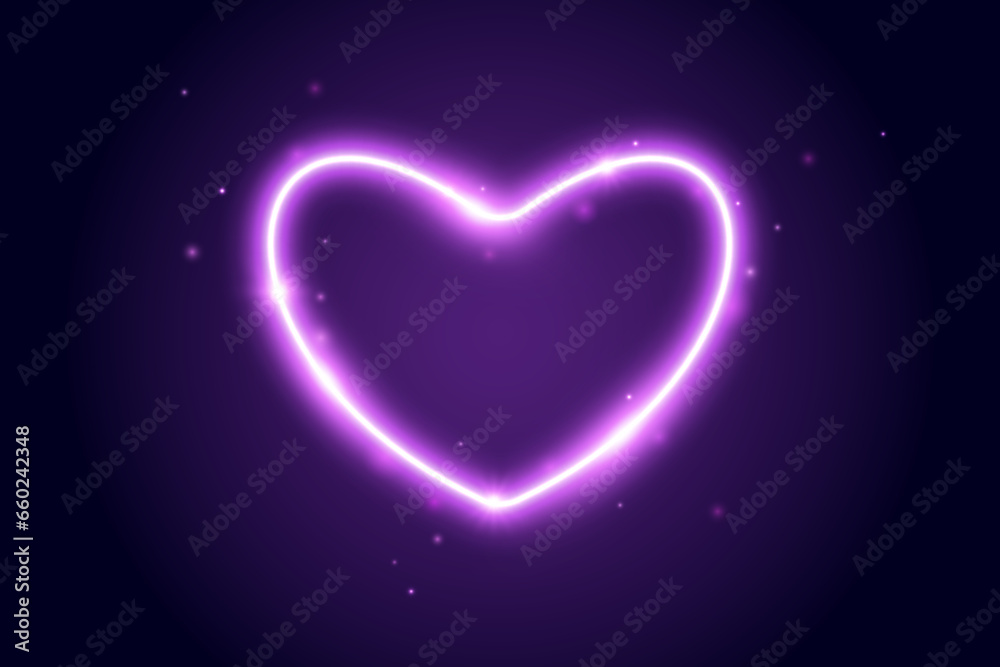 Neon glow heart frame. Illuminated purple heart-shaped shape with sparks. Neon color lighting design element for banner, poster, collage, template. Shining sign with sparkles. Vector illustration