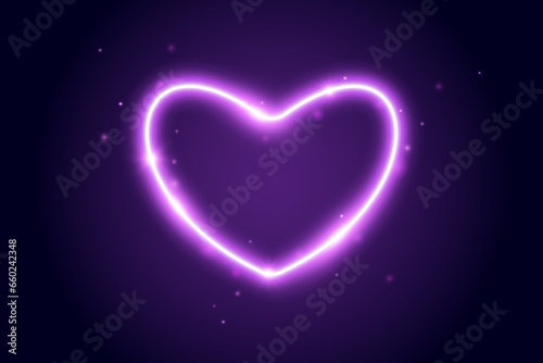 Neon glow heart frame. Illuminated purple heart-shaped shape with sparks. Neon color lighting design element for banner  poster  collage  template. Shining sign with sparkles. Vector illustration