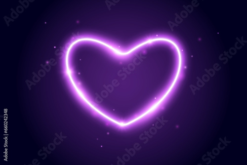 Neon glow heart frame. Illuminated purple heart-shaped shape with sparks. Neon color lighting design element for banner, poster, collage, template. Shining sign with sparkles. Vector illustration