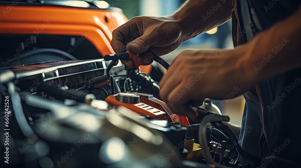 Close-up of a car mechanic using an ammeter to check a car battery in front of the engine bay. Natural light telephoto lens Close-up of a car mechanic using an ammeter to check a car battery in front of the engine bay. Natural light telephoto lens