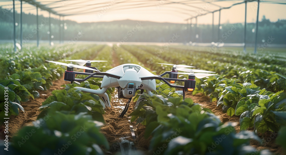 Smart Farm With Robot, Flying Drone Above Growing And Harvesting Vegetables In Greenhouse With Field And Sky Background. Innovative Technology, Agriculture Concept. Ai Generated. Horizontal Plane