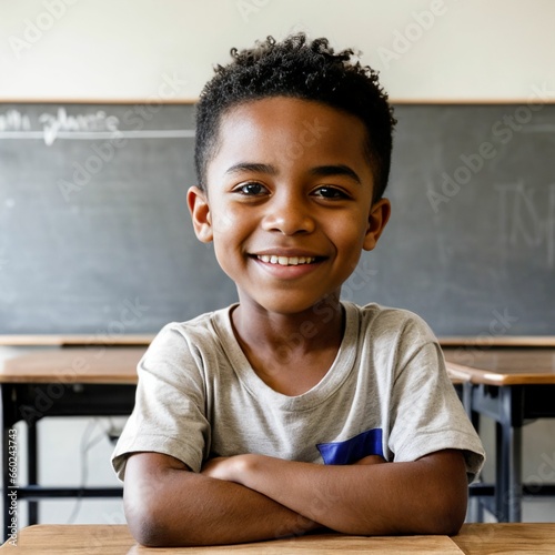 African American black child toddler student in a webcam school virtual classroom photo