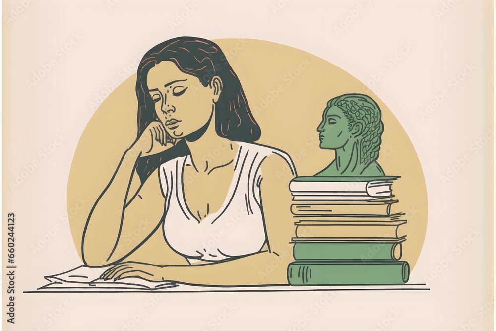 line art flat illustration sketch doodle minimalist simple indian woman studying at desk piled with books she looks deep in thought she has a slight smile pastel colors hand drawn 8k 