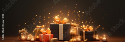 3D render of traditional soil oil-lit lamp with gifts , copy space