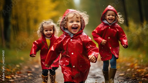 Happy smiling children wearing red raincoats and boots running in puddles of autumn rainwater.