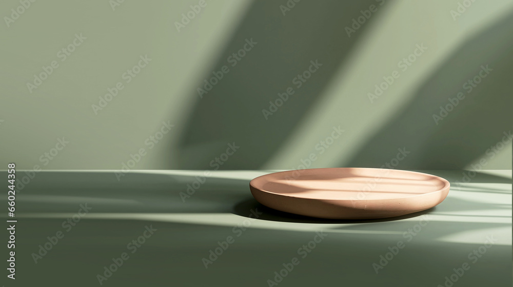 Minimal, modern wooden podium tray plate on green table counter in dappled sunlight, leaf shadow on wall background for luxury beauty, cosmetic, food, drink product display backdrop 3D Minimal, modern wooden podium tray plate on green table counter in dappled sunlight, leaf shadow on wall background for luxury beauty, cosmetic, food, drink product display backdrop 3D