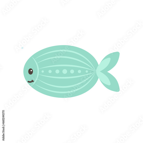 Hand drawn Green Fish on white background. Sea animal. Ocean vibes. Element of sea life in doodle cartoon. Vector illustration