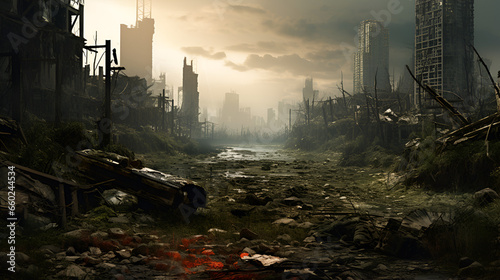 The sun shines on a destroyed city wasteland with lots of rubble and debris 