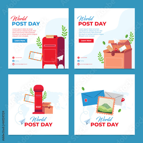 set for World Postal Day. Post and mail box vector illustration, Suitable for templates, greeting cards, web, social media on blue background