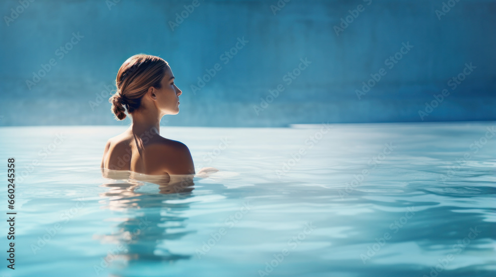 Back view of young woman in bikini on the sun-tanned slim, shapely body with her arms spread to the side, relaxing in swimming pool on the roof top of hotel, enjoy cityscape at sunset. - obrazy, fototapety, plakaty 