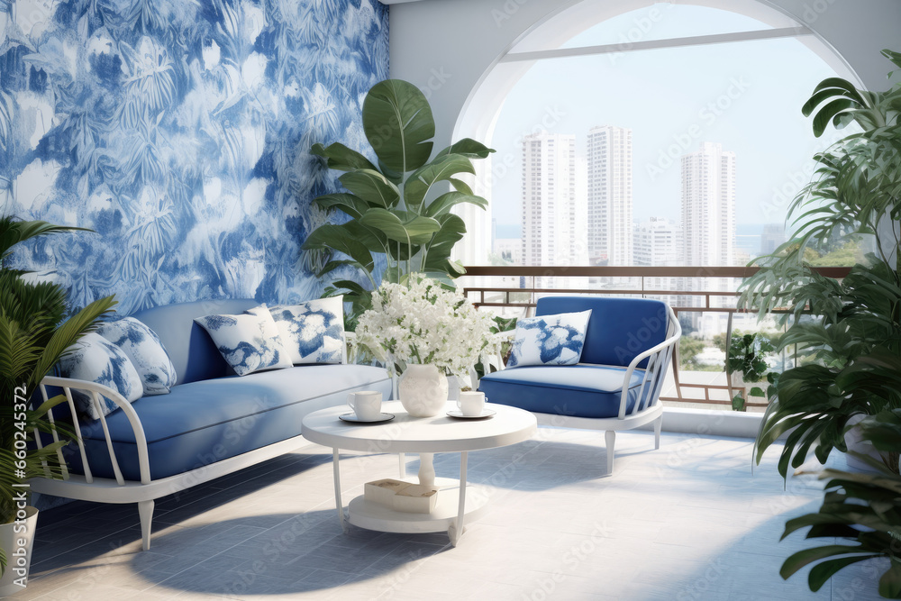 Interior design of living room with blue sofa. and blue and white wallpaper