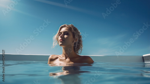 Back view of young woman in bikini on the sun-tanned slim  shapely body with her arms spread to the side  relaxing in swimming pool on the roof top of hotel  enjoy cityscape at sunset.