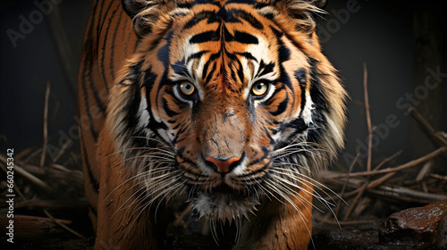 Close up of a Siberian Tiger with scary eyes  face shot wildlife animal