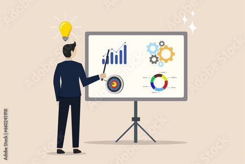 Business strategy details, short document presentation, businessman presenting business strategy details on whiteboard.