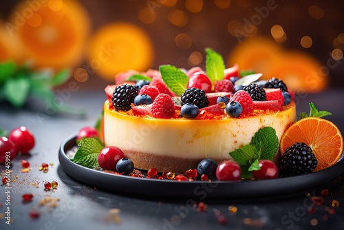 A delicious dessert featuring a cake topped with a medley of fresh berries and a creamy, fruity filling