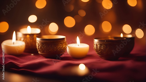 Burning candles on a red cloth with bokeh background.